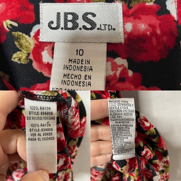 JBS Ltd Vtg Floral Dress Women's 10 Black Red Rose Prairie Cottage Short Sleeve - Picture 3 of 6